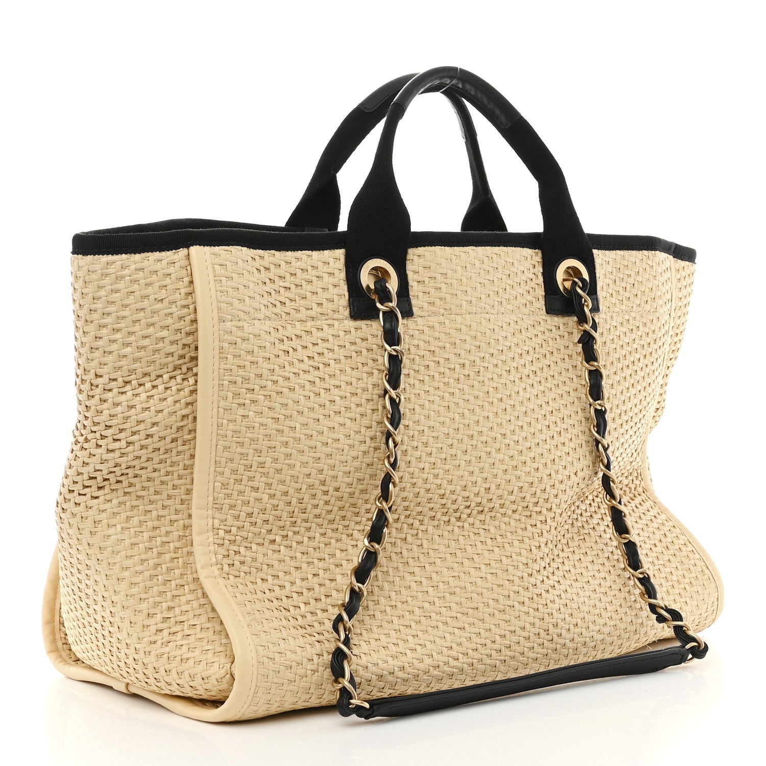 Chanel Straw Raffia Calfskin Chain Medium Deauville Tote Beige Black 2 of 13