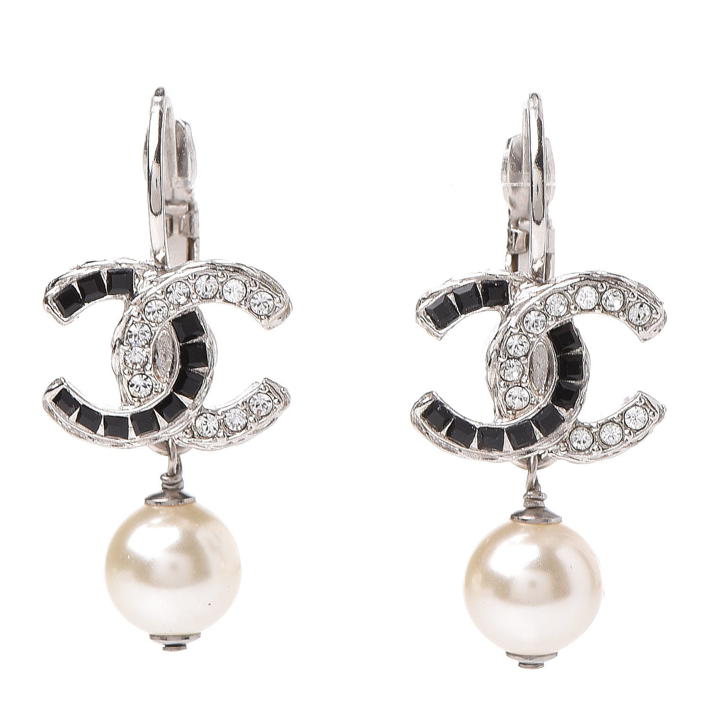Baguette Crystal Pearl CC Drop Earrings Black Silver