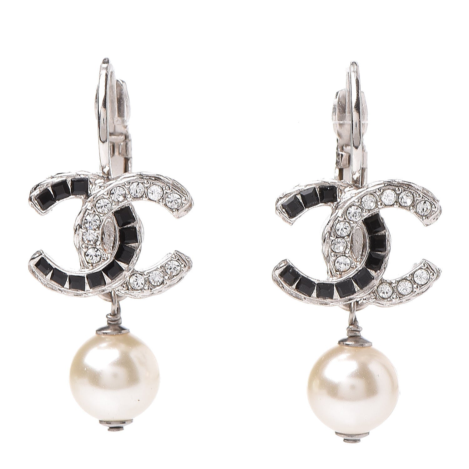 Chanel Baguette Crystal Pearl CC Drop Earrings Black Silver 1 of 4