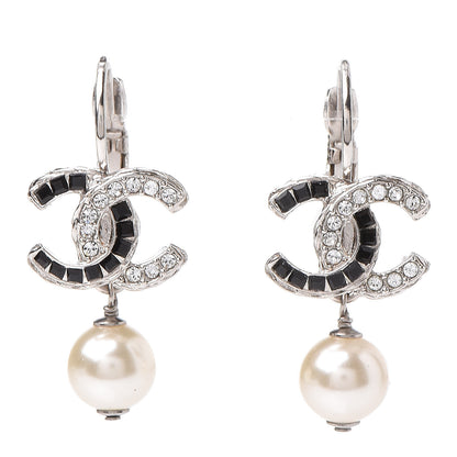 Chanel Baguette Crystal Pearl CC Drop Earrings Black Silver 1 of 4