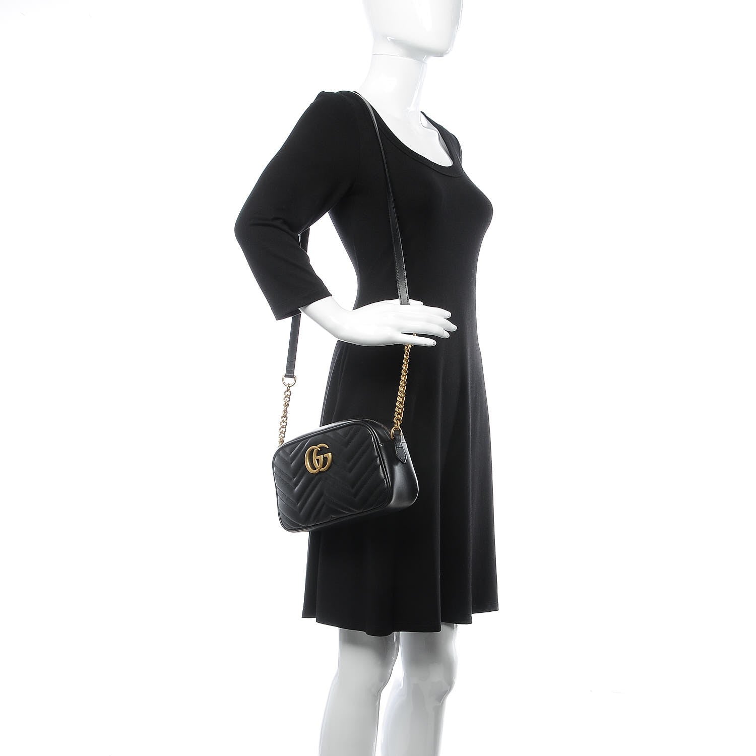 Gucci Calfskin Matelasse Small GG Marmont Chain Shoulder Bag Black 2 of 7
