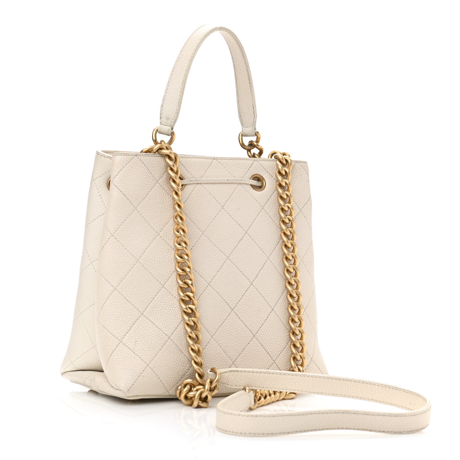 Chanel Caviar Diamond Stitched CC Bucket Drawstring Bag White 3 of 14