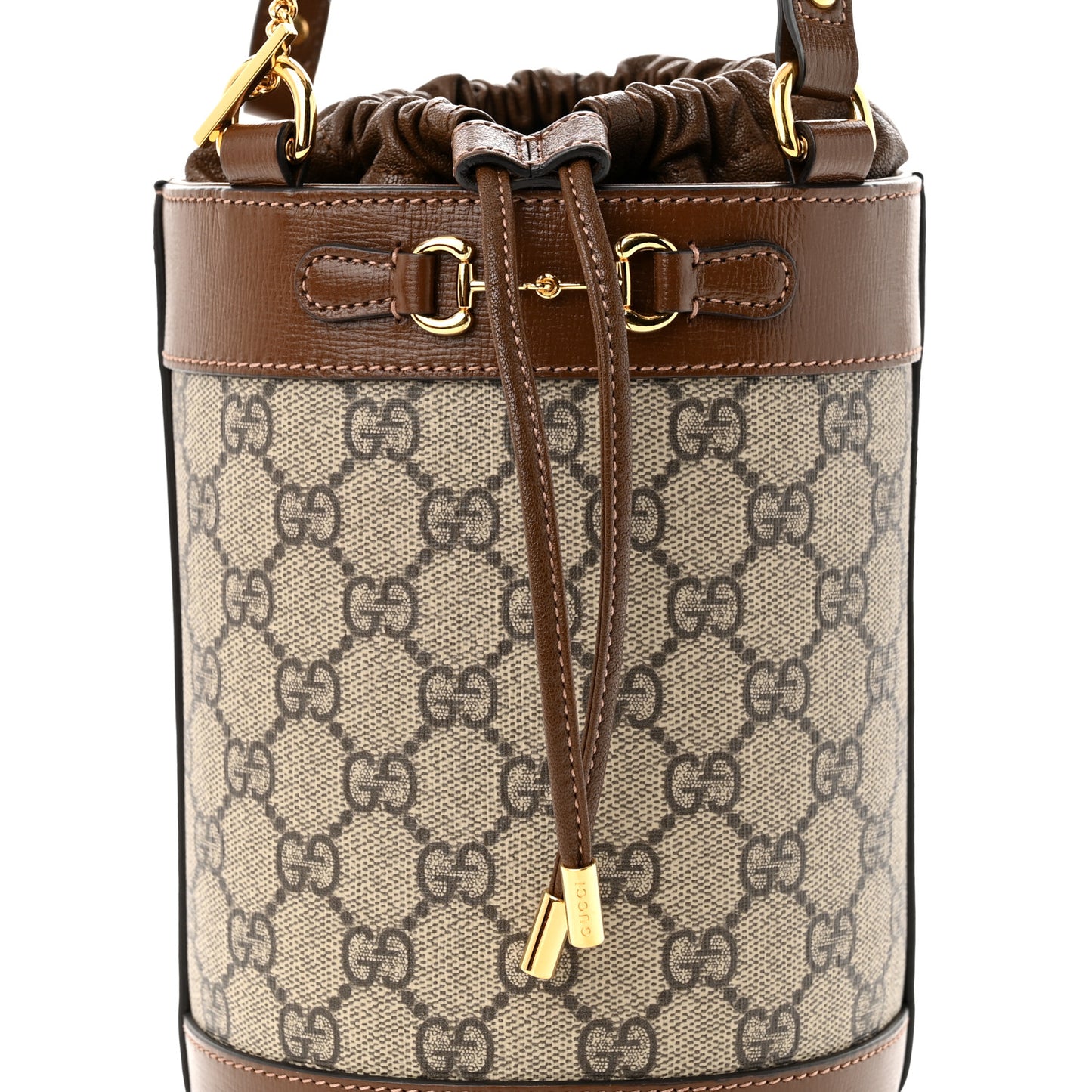GG Supreme Monogram Azalea Sakai Calfskin Small Horsebit 1955 Drawstring Bucket Bag Beige Ebony Brown Sugar