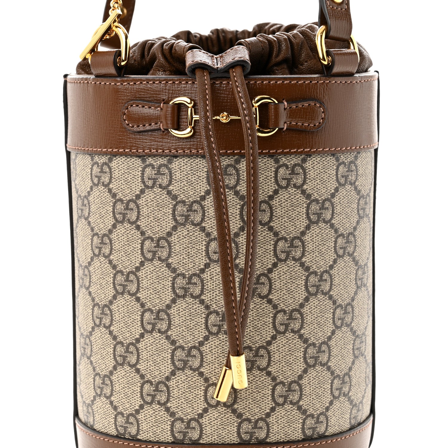 Gucci GG Supreme Monogram Azalea Sakai Calfskin Small Horsebit 1955 Drawstring Bucket Bag Beige Ebony Brown Sugar 8 of 10