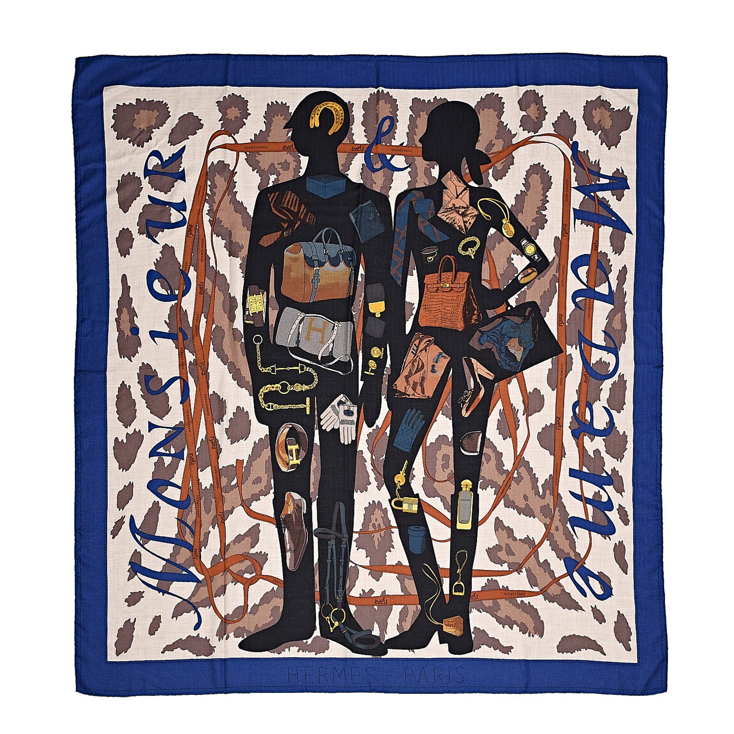 Cashmere Silk Monsieur et Madame Shawl 140 Bleu Royal Black Naturel