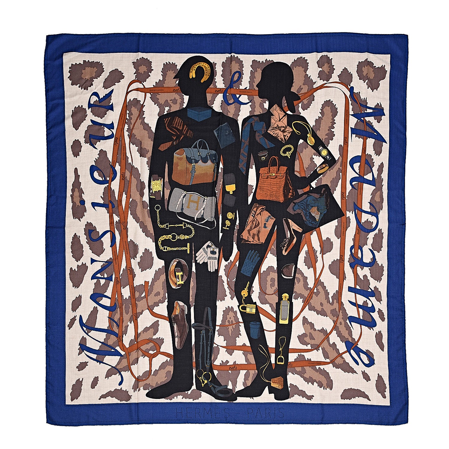 Hermes Cashmere Silk Monsieur et Madame Shawl 140 Bleu Royal Black Naturel 1 of 5