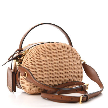 Prada Wicker Saffiano Midolino Odette Top Handle Bag Beige Cognac 3 of 9