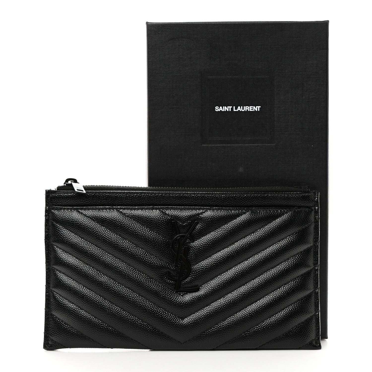 Saint Laurent Grain De Poudre Chevron Monogram Bill Pouch Black 8 of 8