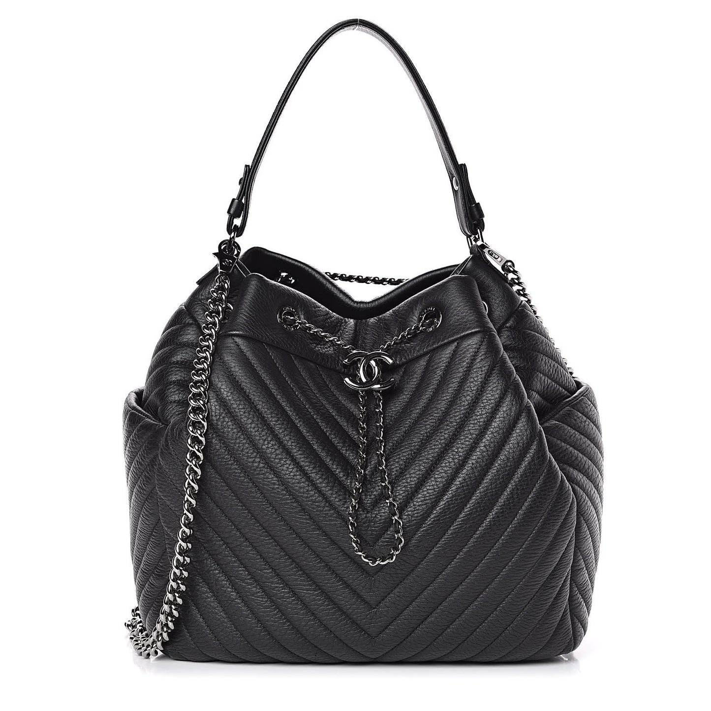Deerskin Chevron Large CC Chain Bucket Drawstring Bag Black