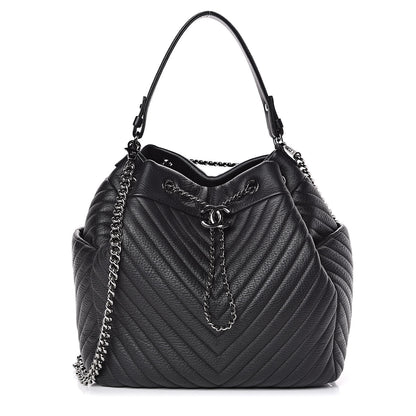 Chanel Deerskin Chevron Large CC Chain Bucket Drawstring Bag Black 1 of 15