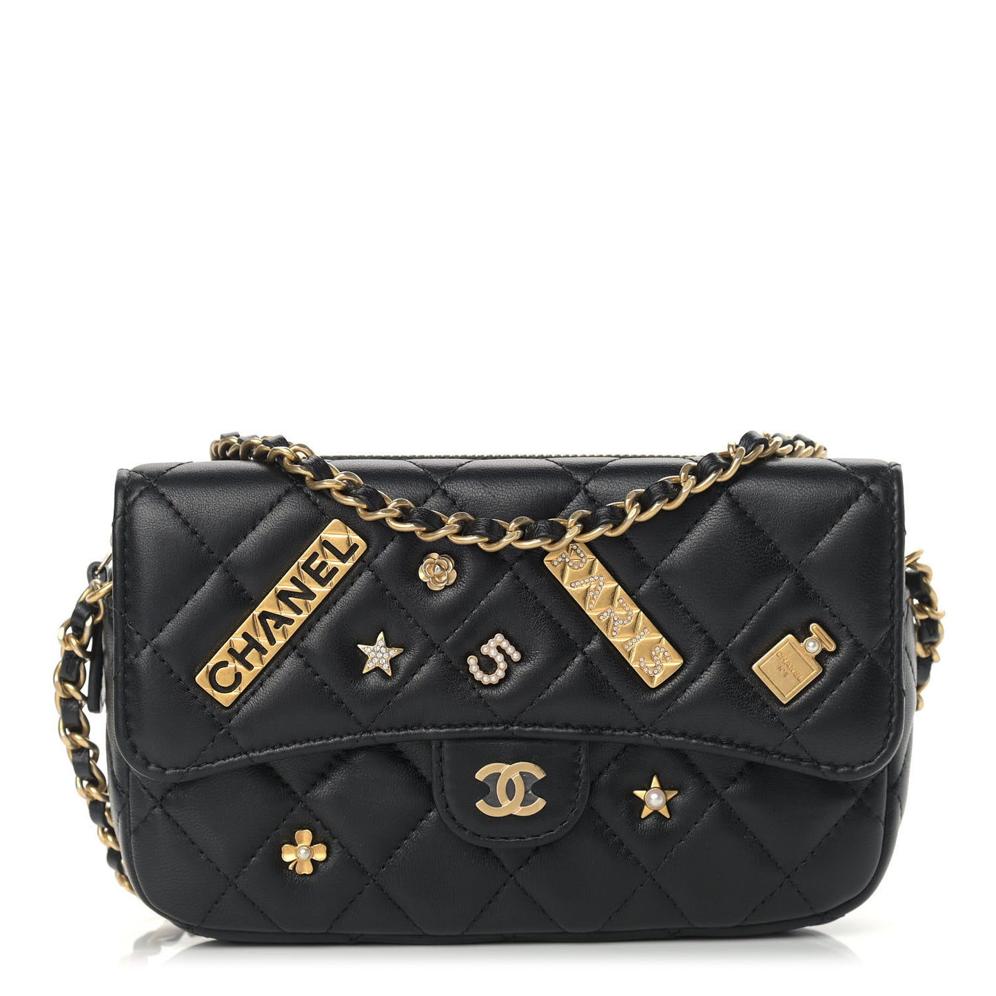 Lambskin Quilted Charm Flap Phone Holder With Chain Black