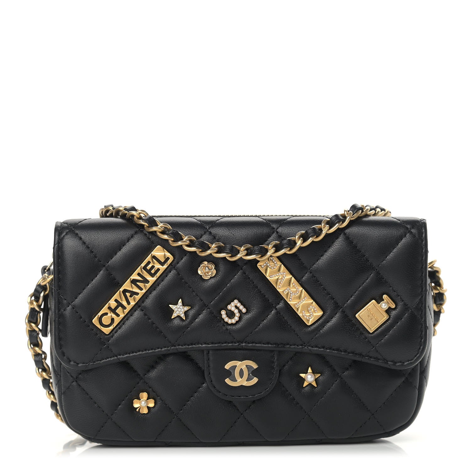 Chanel Lambskin Quilted Charm Flap Phone Holder With Chain Black 1 of 12