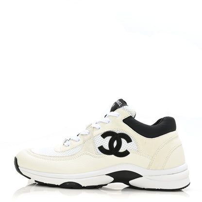 Chanel Mesh Suede Calfskin Grained Calfskin Womens CC Sneakers 39.5 White Black 1 of 7