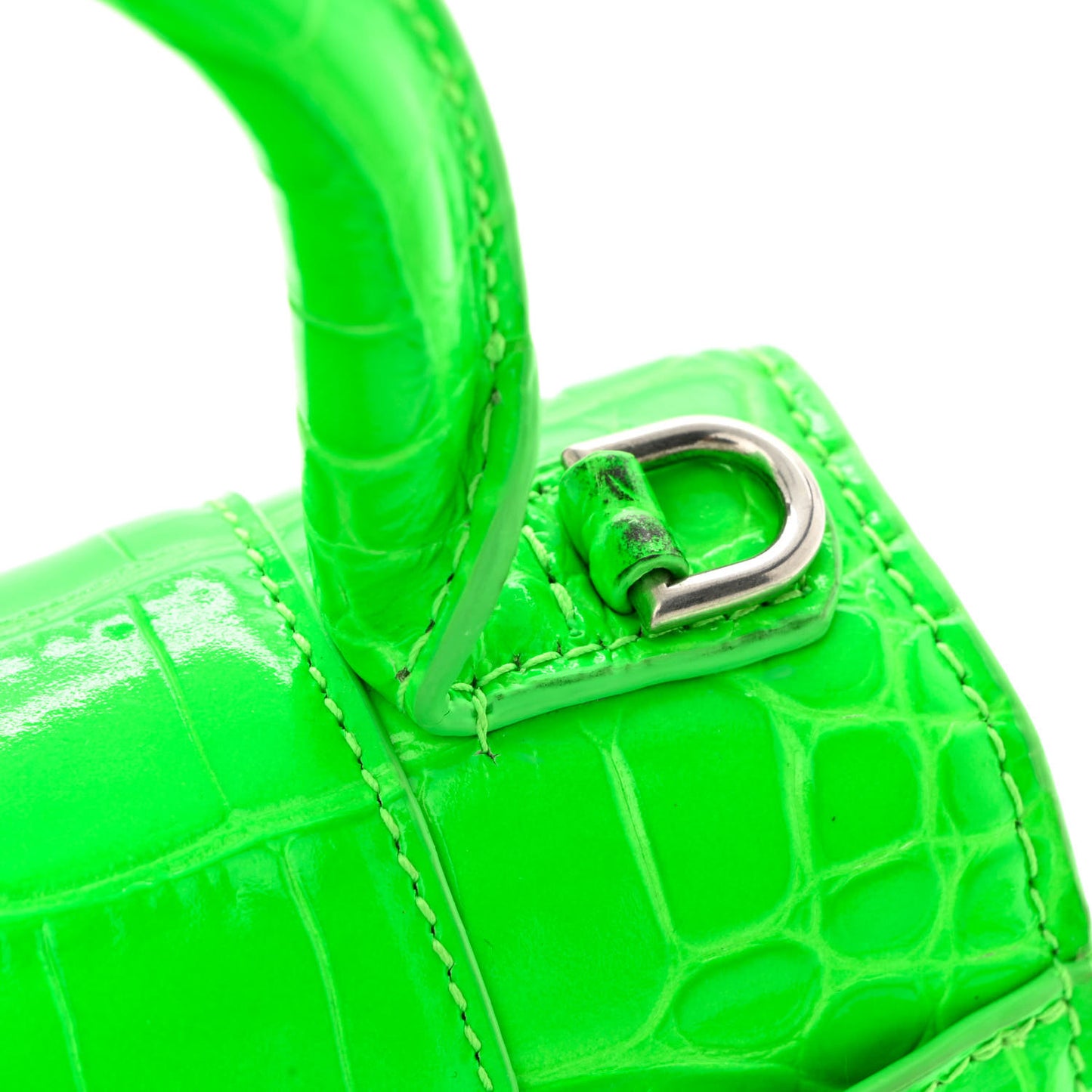 Shiny Calfskin Crocodile Embossed Hourglass Top Handle Bag XS Fluo Green