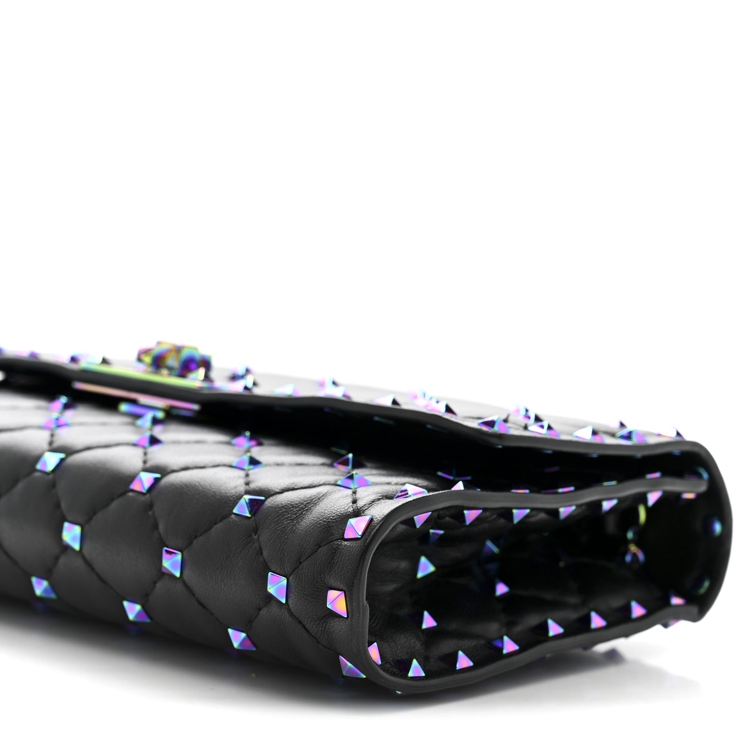Lambskin Oil Slick Rockstud Spike Wallet on Chain Black