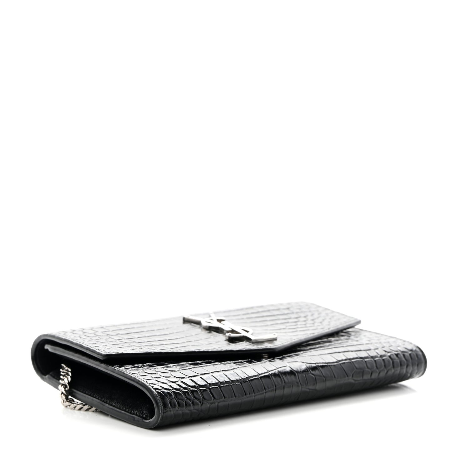 Calfskin Crocodile Embossed Monogram Uptown Chain Wallet Black