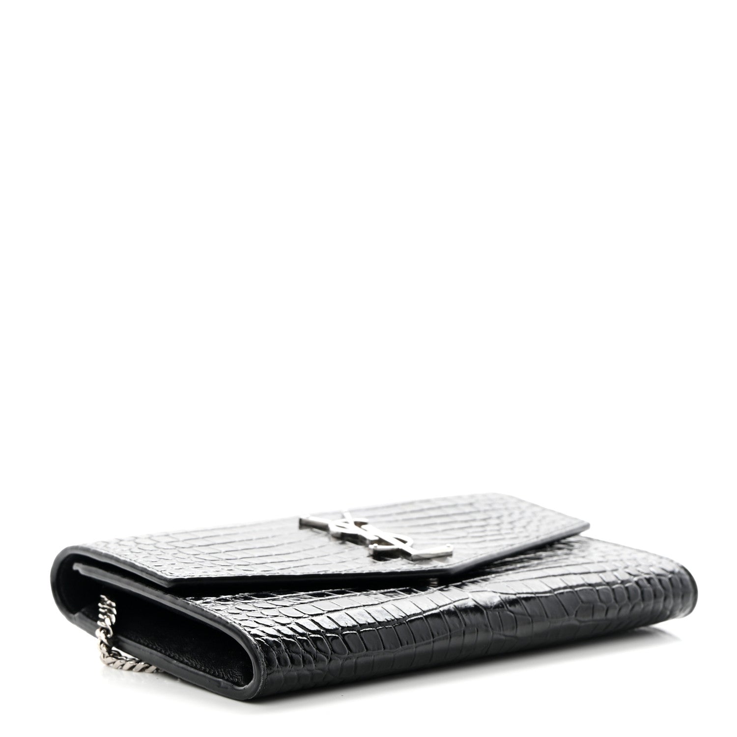 Saint Laurent Calfskin Crocodile Embossed Monogram Uptown Chain Wallet Black 4 of 14