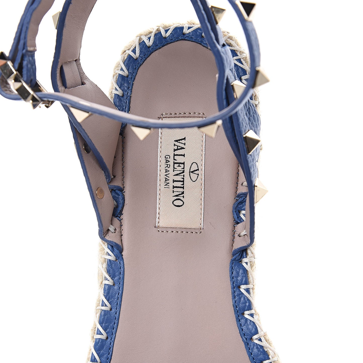 Grained Calfskin Rockstud Ankle Strap Espadrille Flat Sandals 37 Baltique