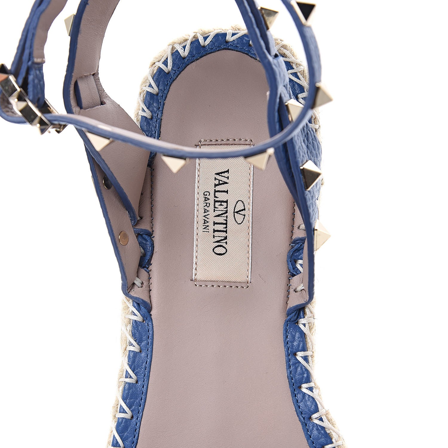 Valentino Garavani Grained Calfskin Rockstud Ankle Strap Espadrille Flat Sandals 37 Baltique 6 of 8