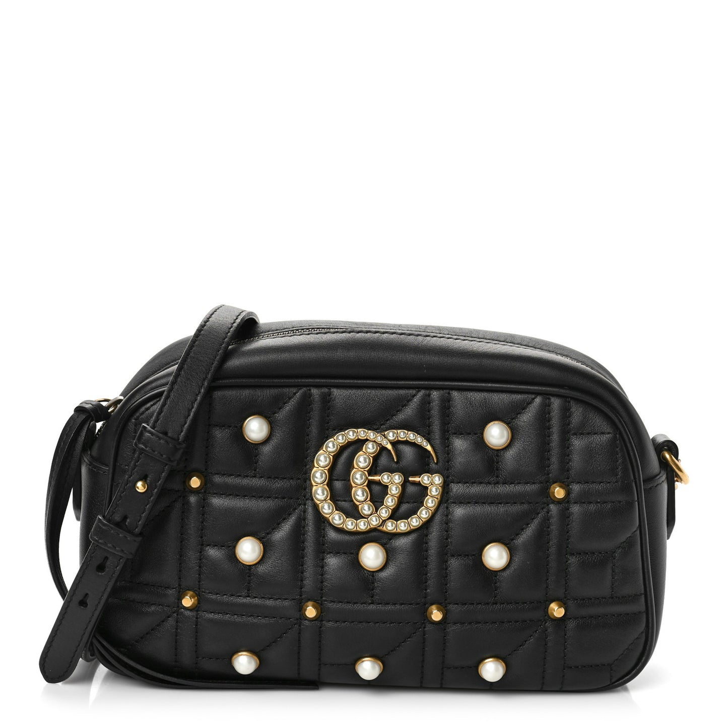 Calfskin Matelasse Studded Small Pearly GG Marmont Chain Shoulder Bag Black