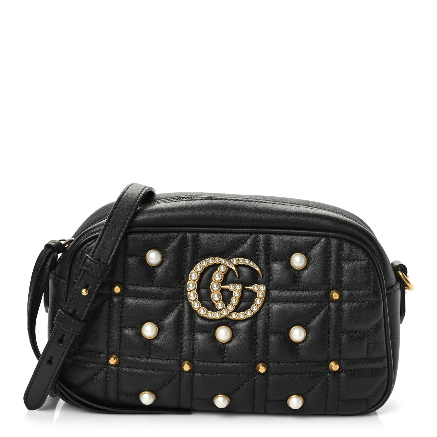 Gucci Calfskin Matelasse Studded Small Pearly GG Marmont Chain Shoulder Bag Black 1 of 10
