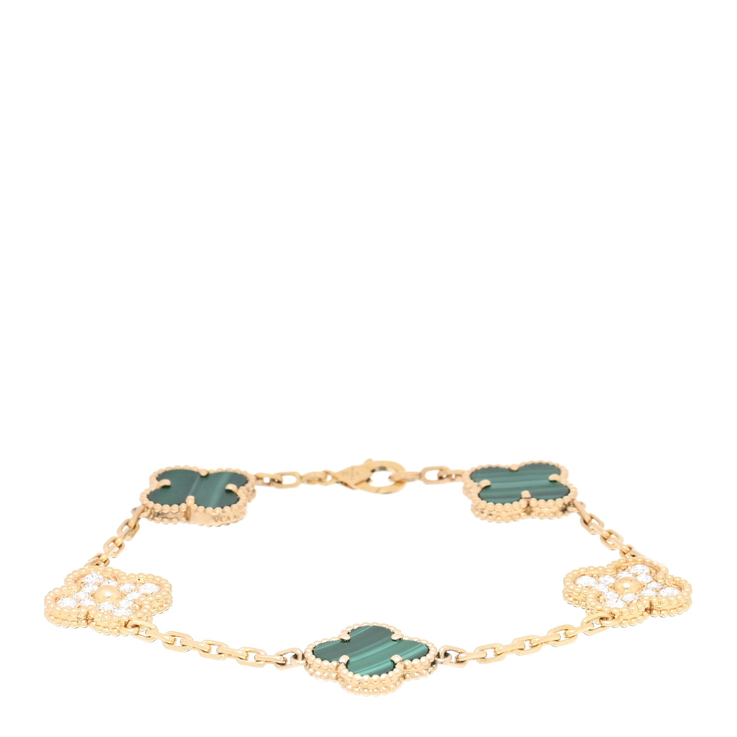 Van Cleef & Arpels 18K Yellow Gold Diamond Malachite 5 Motifs Vintage Alhambra Bracelet 1 of 4