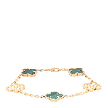 Van Cleef & Arpels 18K Yellow Gold Diamond Malachite 5 Motifs Vintage Alhambra Bracelet 1 of 4