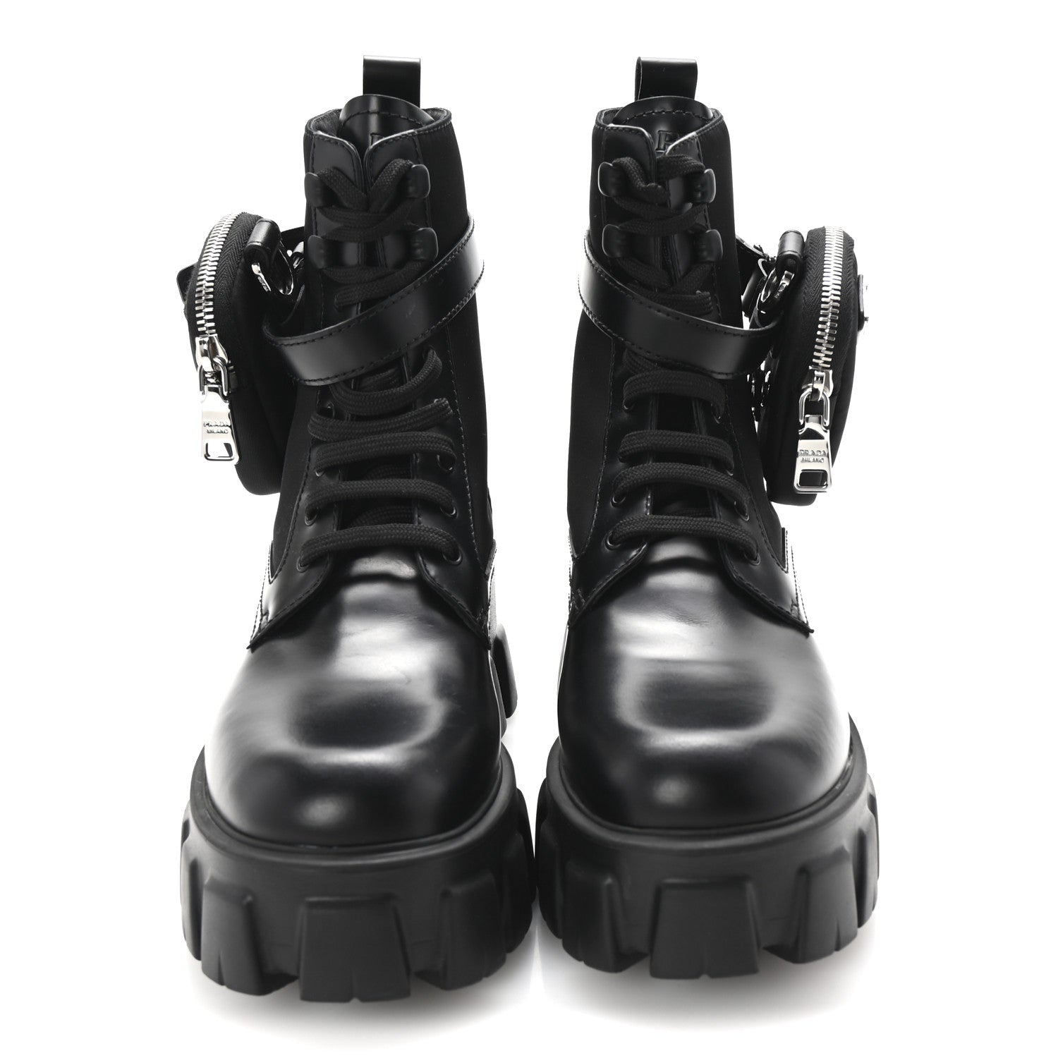Prada Spazzolato Rois Re-Nylon Metal Triangle Logo Monolith Pouch Pocket 55mm Boots 38.5 Black 3 of 9