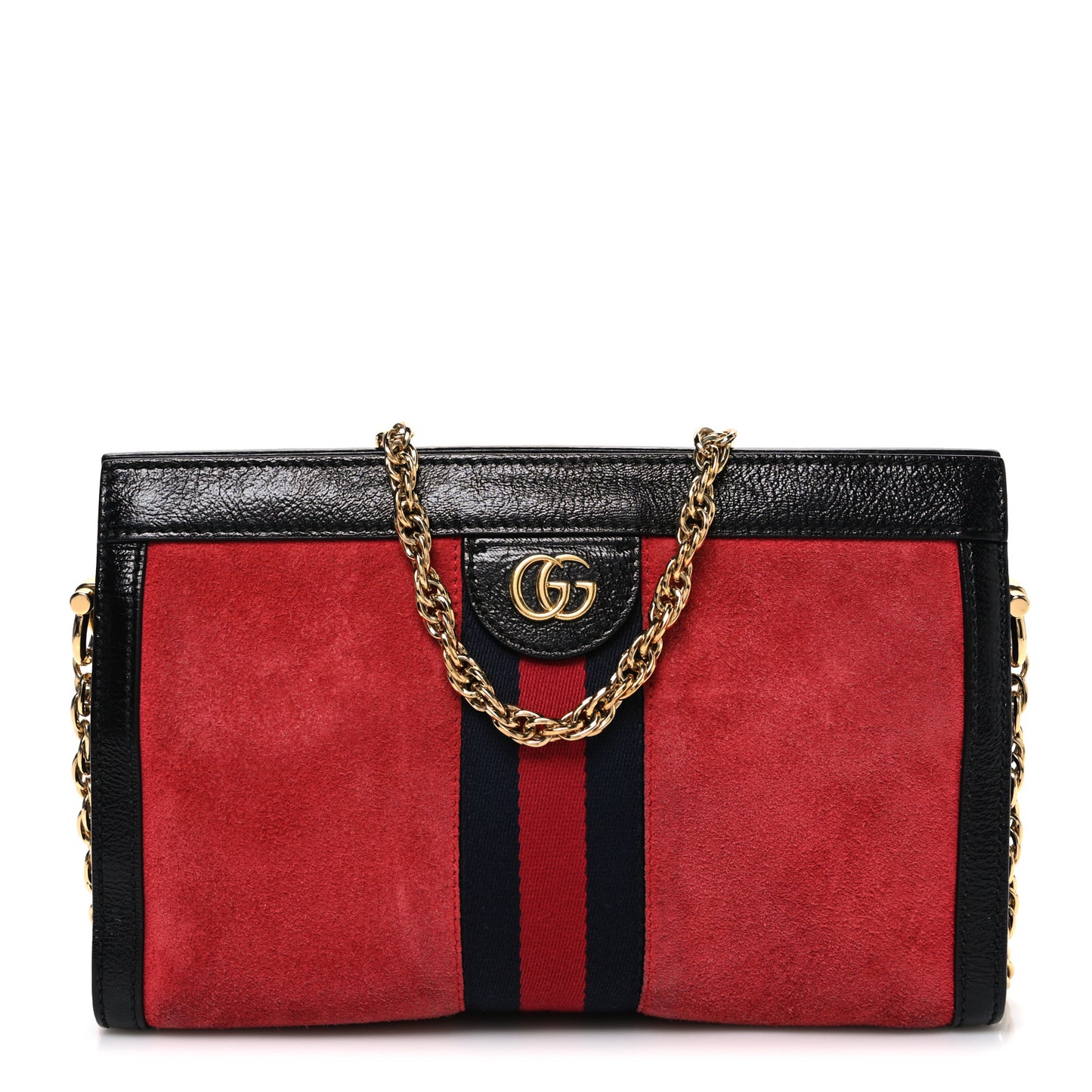 Suede Patent Web Small Ophidia Chain Shoulder Bag Hibiscus Red Black