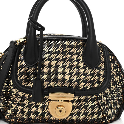Salvatore Ferragamo Calfskin Sequin Small Fiamma Bag Black Gold 8 of 13