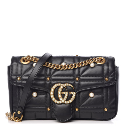 Gucci Calfskin Matelasse Studded Small Pearly GG Marmont Shoulder Bag Black 1 of 8