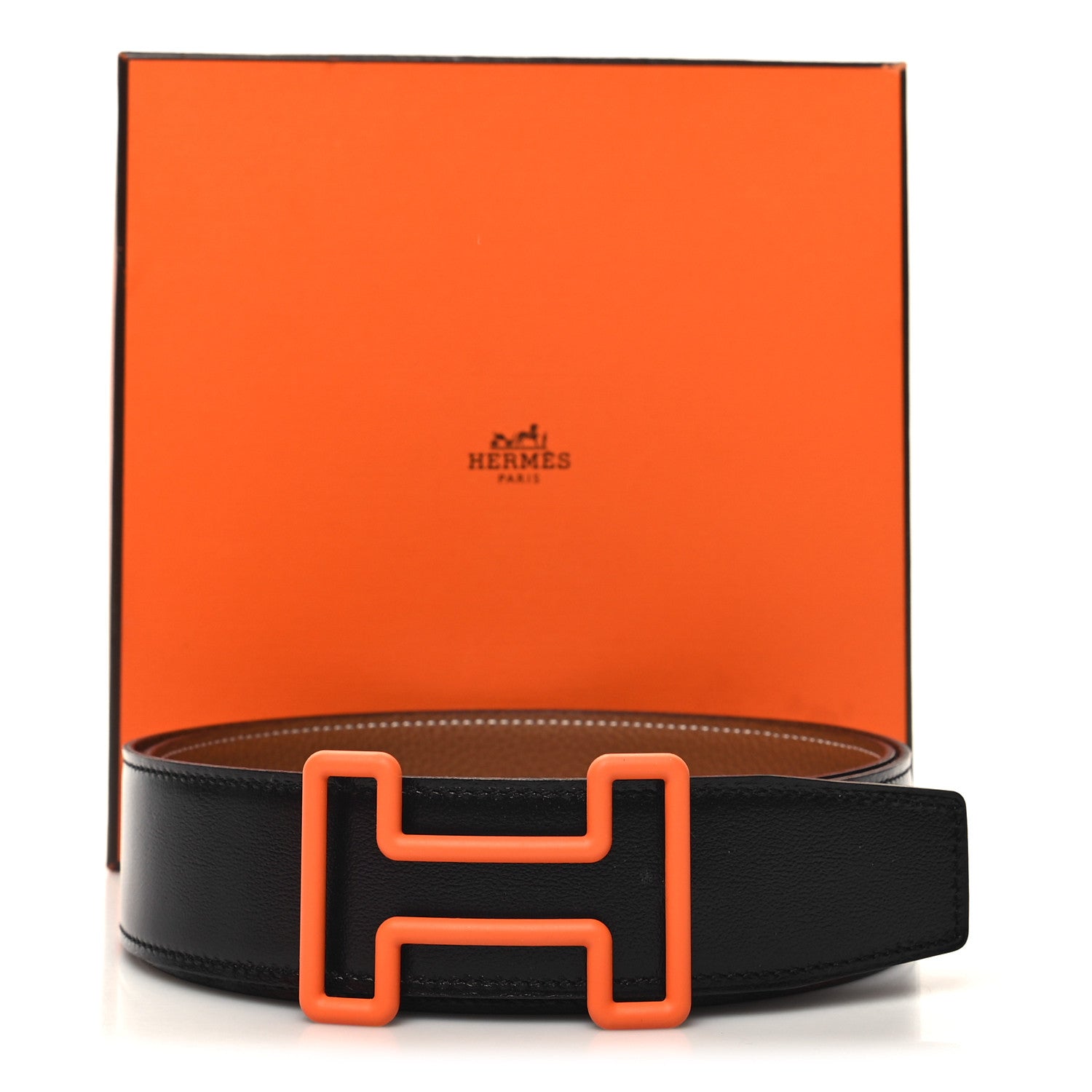 Hermes Box Togo Rubber 38mm Tonight Reversible Belt 95 Black Gold Gomme Orange 6 of 6