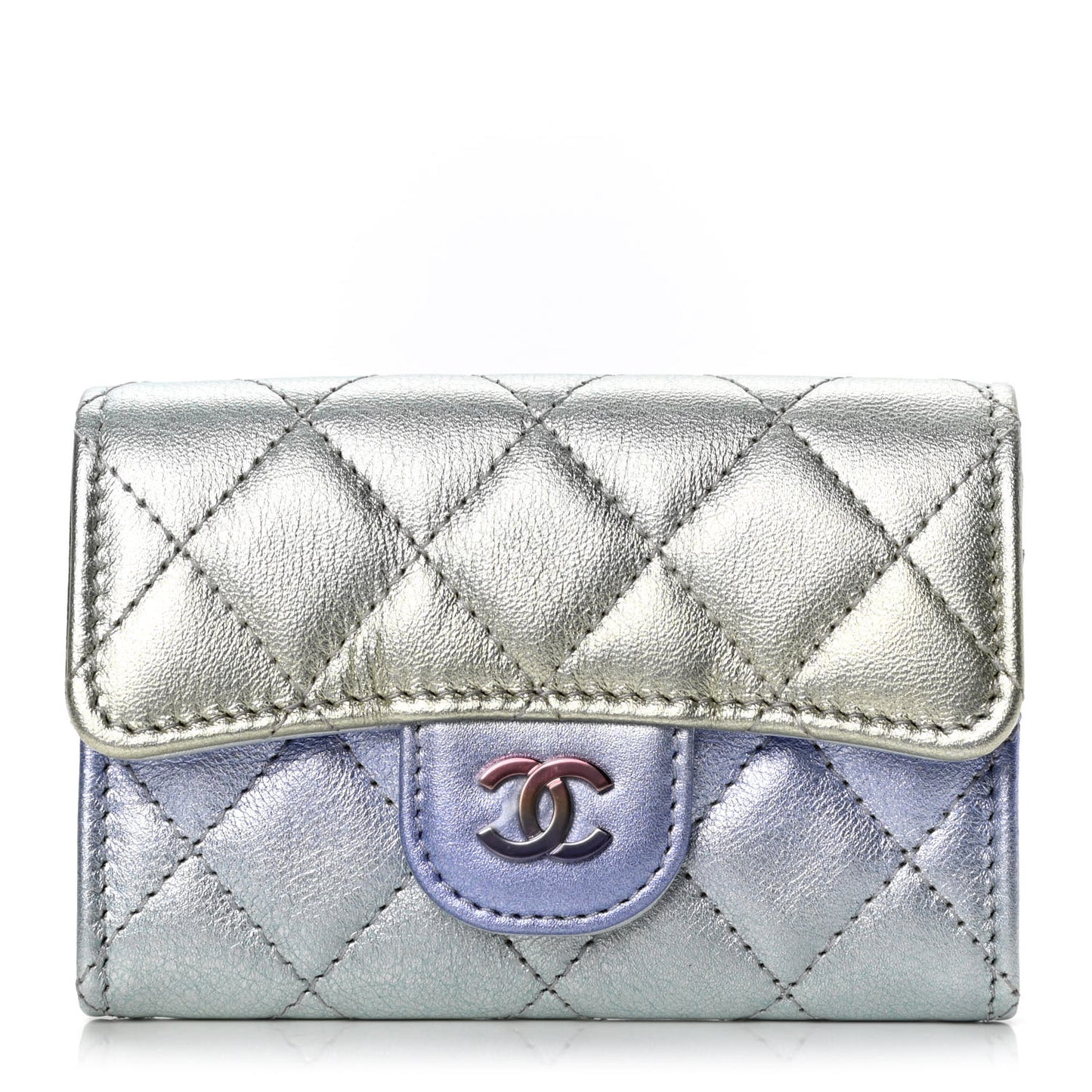 Gradient Metallic Calfskin Quilted Flap Card Holder Wallet Silver Blue Yellow Purple