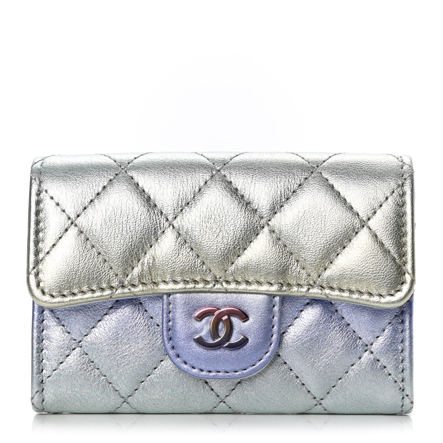 Chanel Gradient Metallic Calfskin Quilted Flap Card Holder Wallet Silver Blue Yellow Purple 1 of 4
