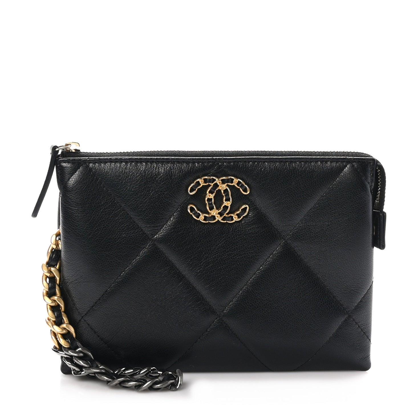 Shiny Goatskin Quilted Small Chanel 19 Pouch With Handle Black