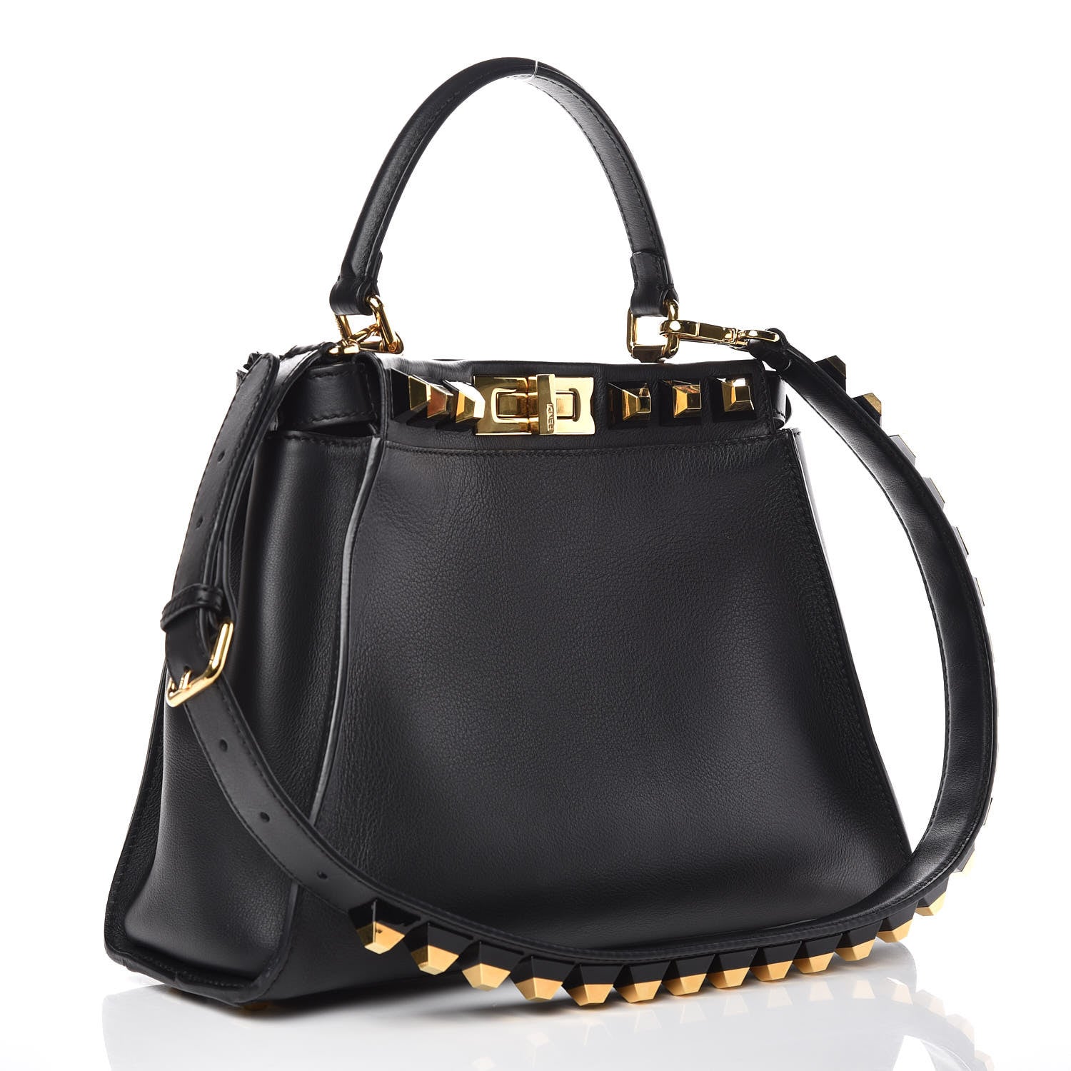Fendi Vitello Seta Gold Studded Medium Peekaboo Iconic Satchel Black 3 of 11