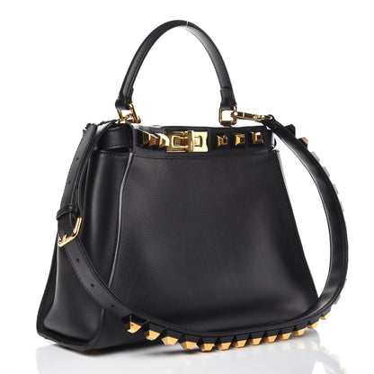 Fendi Vitello Seta Gold Studded Medium Peekaboo Iconic Satchel Black 3 of 11
