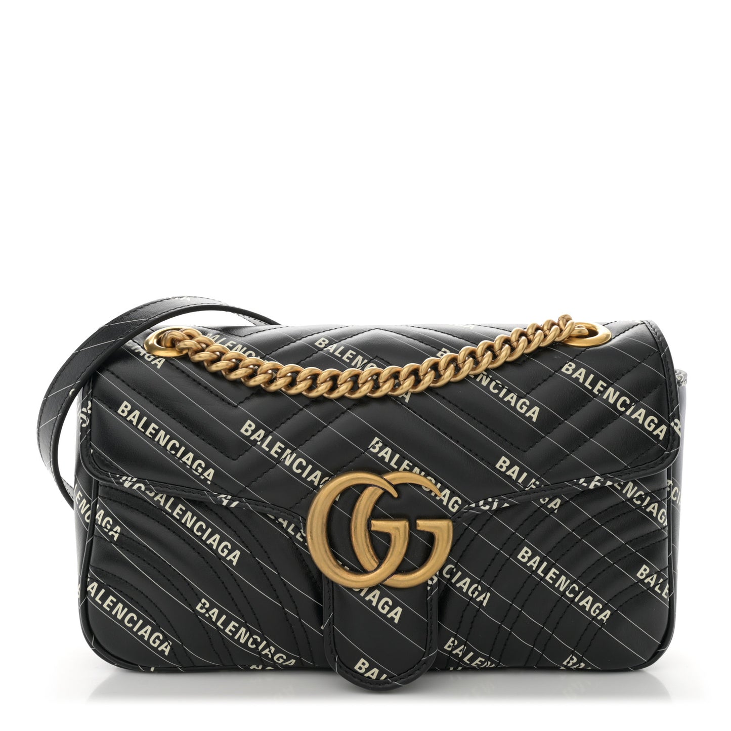 X BALENCIAGA Calfskin Matelasse Logo Print Small GG Marmont Shoulder Bag Black