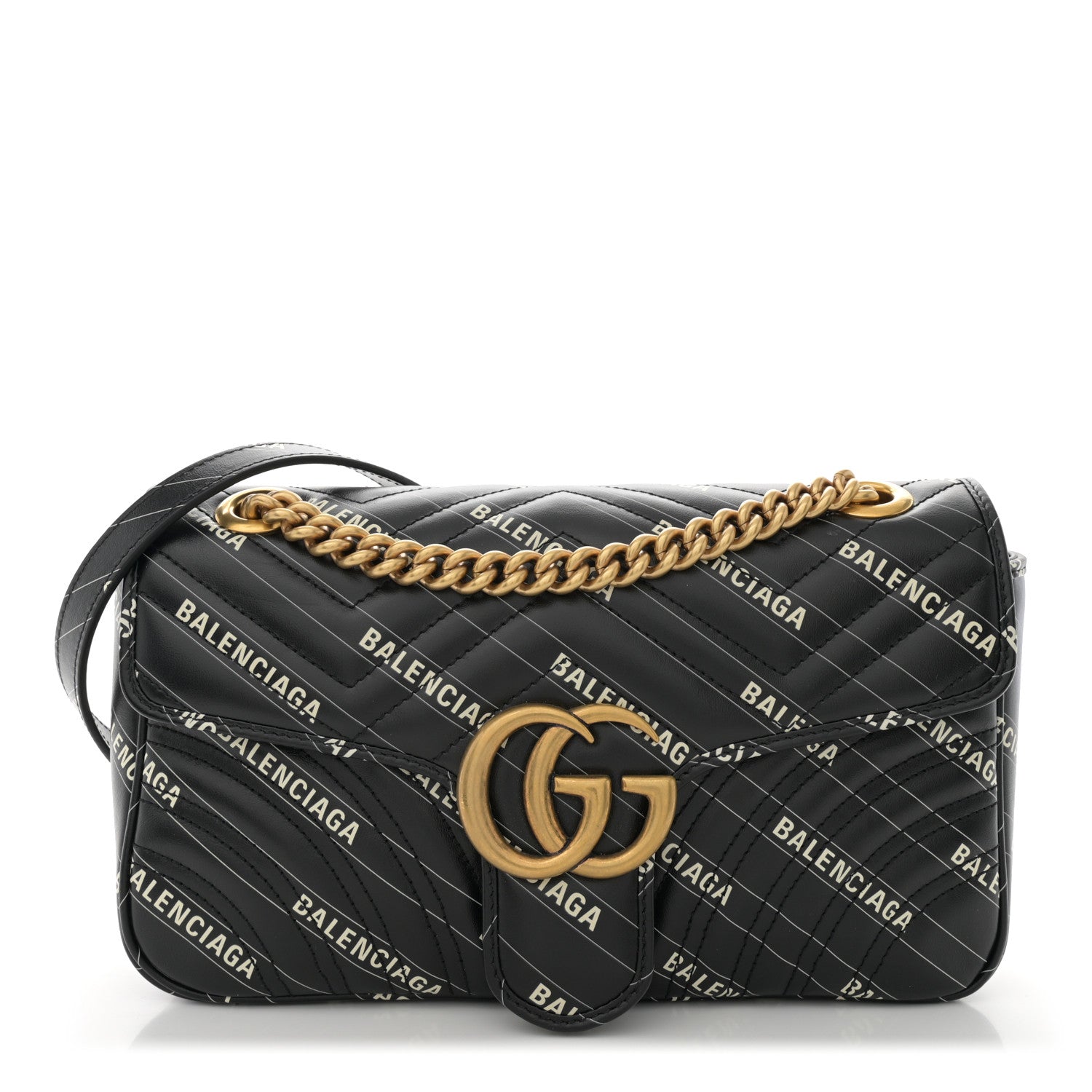 Gucci X BALENCIAGA Calfskin Matelasse Logo Print Small GG Marmont Shoulder Bag Black 1 of 10
