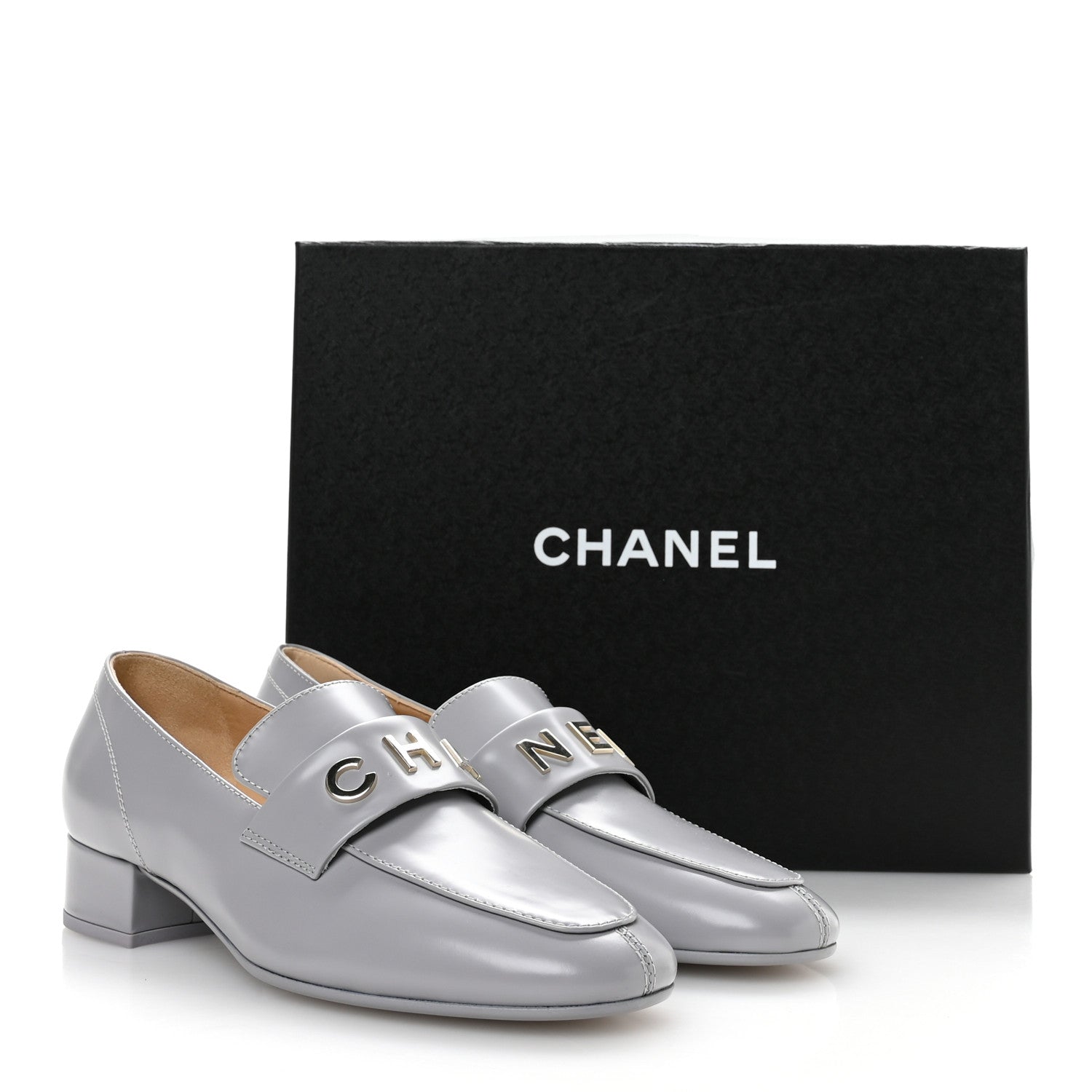 Chanel Shiny Calfskin Logo Loafers 37 Light Grey 9 of 10