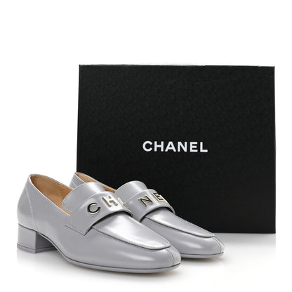 Chanel Shiny Calfskin Logo Loafers 37 Light Grey 9 of 10