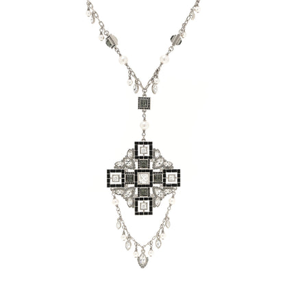 Chanel Crystal Strass Pearl CC Necklace Silver Black 1 of 5