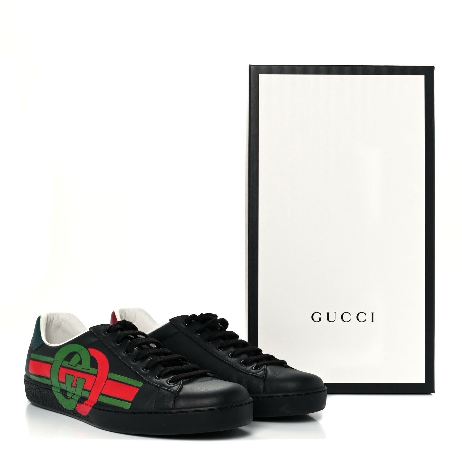 Gucci Calfskin Interlocking G Mens New Ace Sneakers 8 Black Red Flame Green 10 of 10