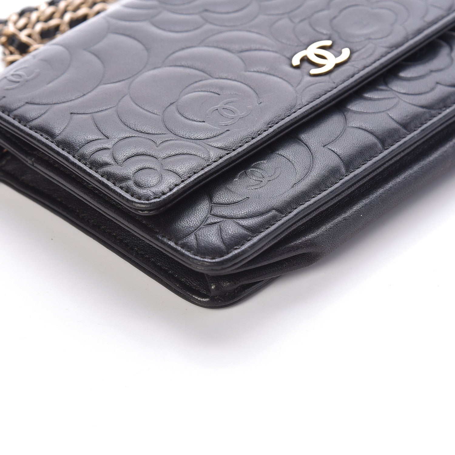 Chanel Lambskin Camellia Embossed Wallet On Chain WOC Black 9 of 10