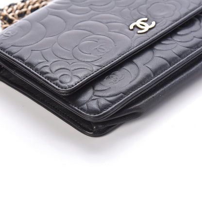 Chanel Lambskin Camellia Embossed Wallet On Chain WOC Black 9 of 10