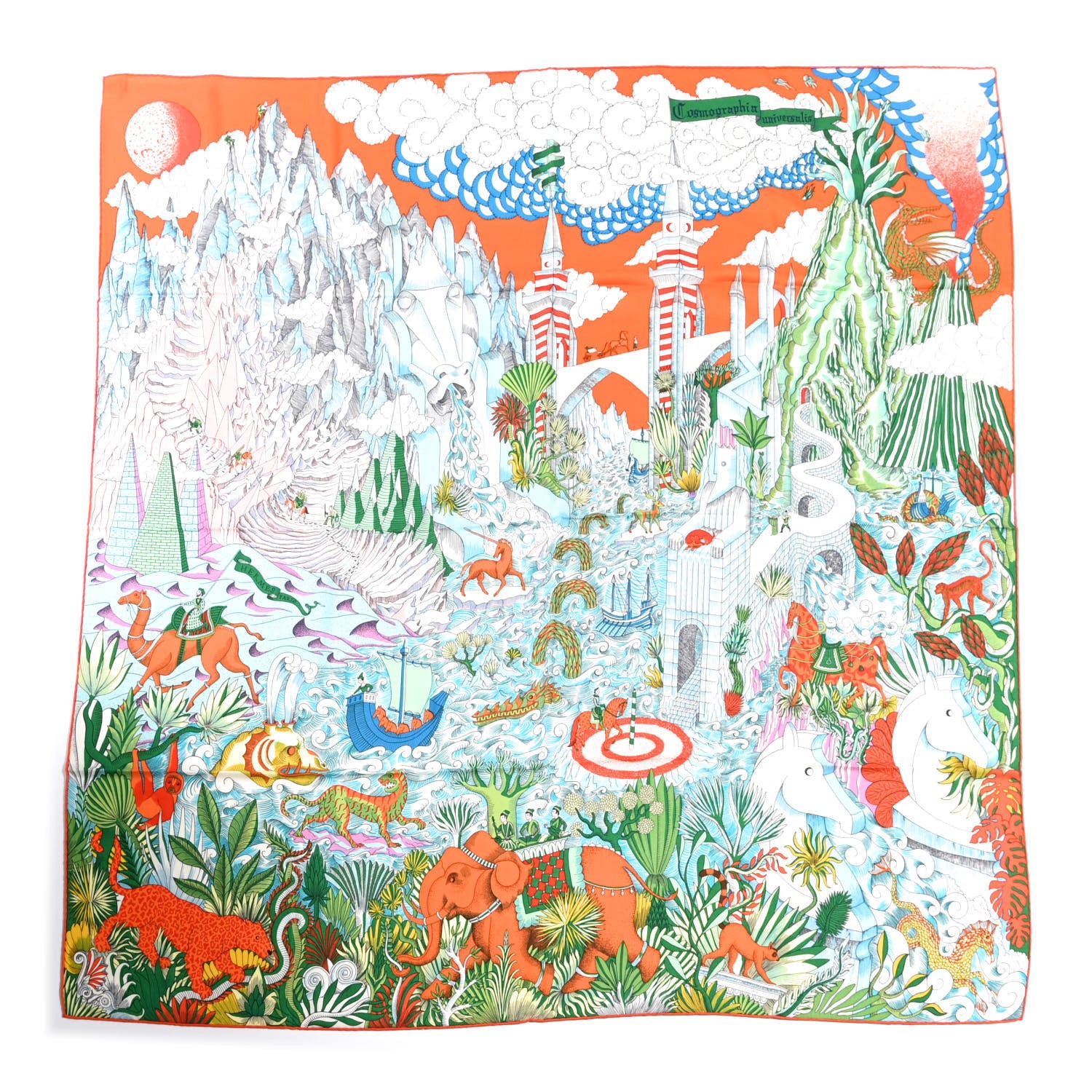 Hermes Silk Cashmere Cosmographia Universalis Shawl 140 Orange Bleu Ciel 1 of 6