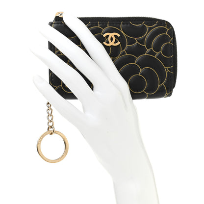 Chanel Lambskin Camellia Embossed Key Holder Case Black Gold 2 of 7