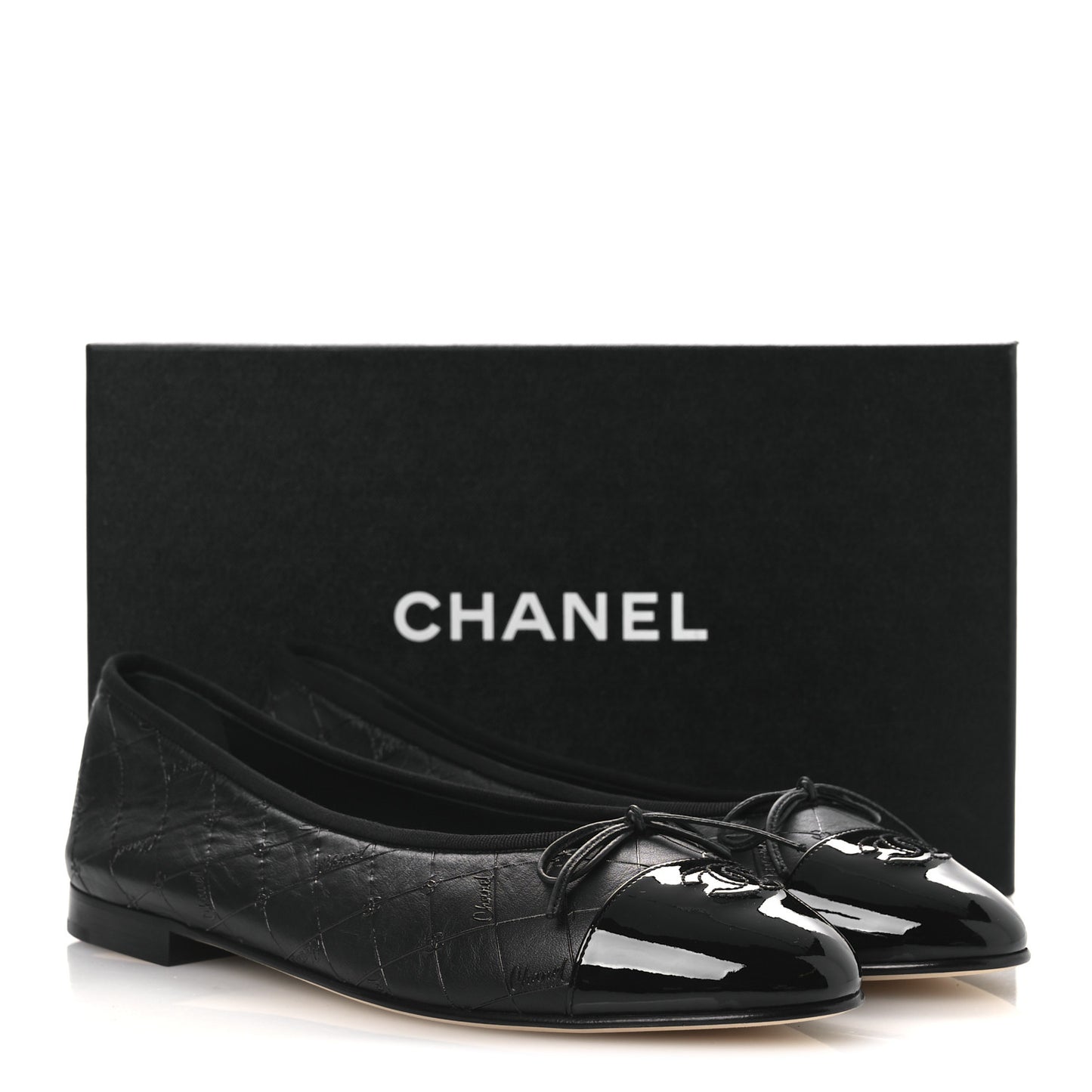 Printed Lambskin Patent Cap Toe Ballerina Flats 42 Black