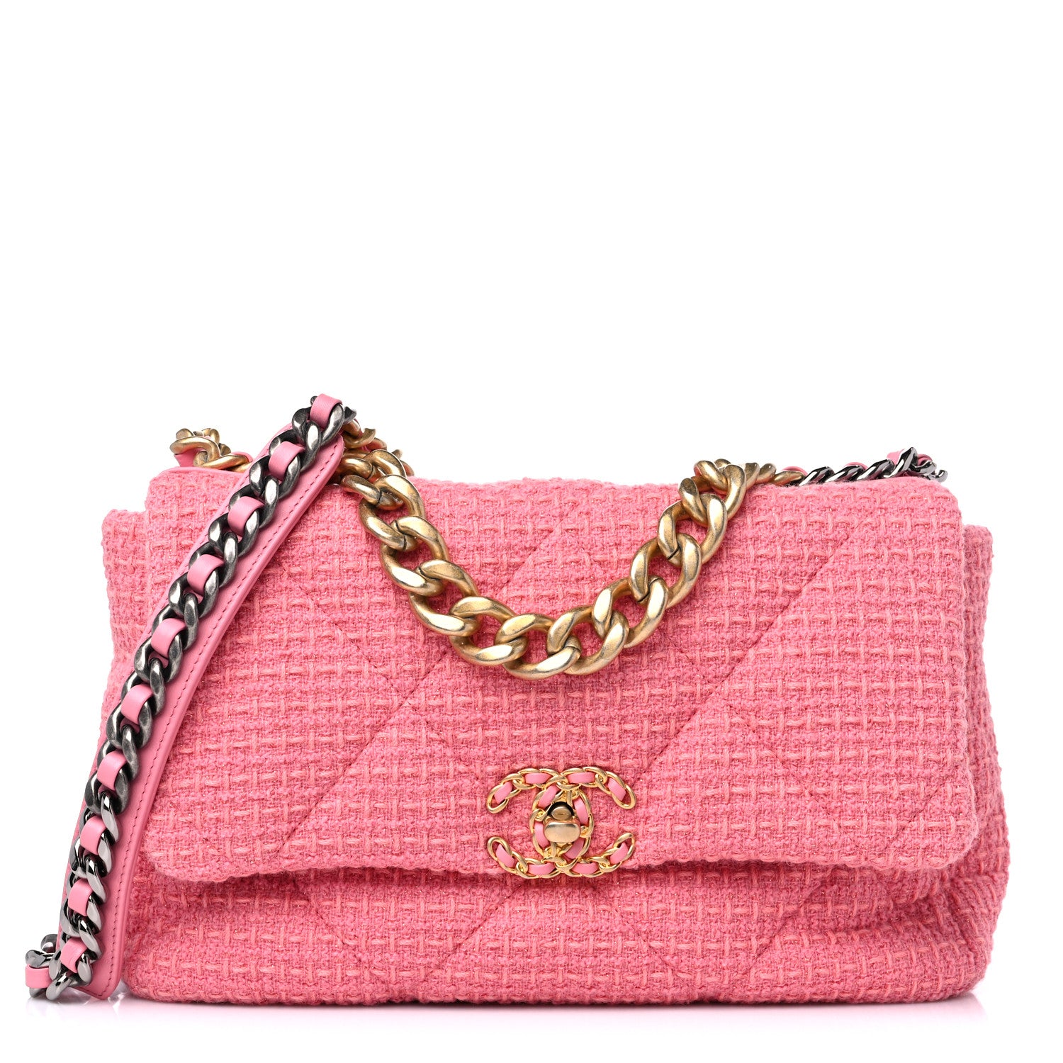 Chanel Metallic Tweed Quilted Large Chanel 19 Flap Pink 1 of 9