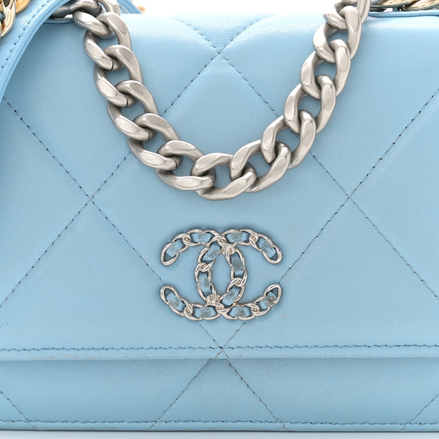Lambskin Quilted Chanel 19 Wallet On Chain WOC Light Blue